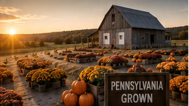 Pumpkins and mums at a Pennsylvania farm at sunset