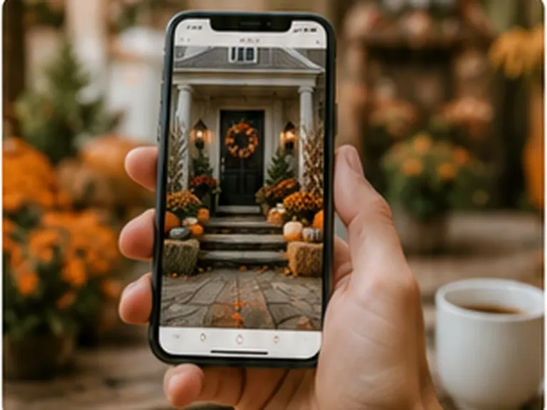 A phone showing an AI preview of a decorated front porch