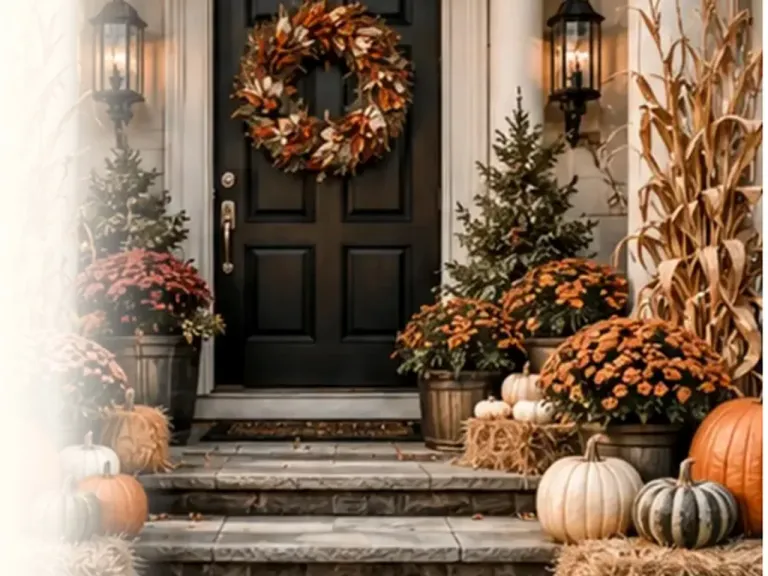 A front porch decorated for autumn with pumpkins, mums, hay bales and cornstalks