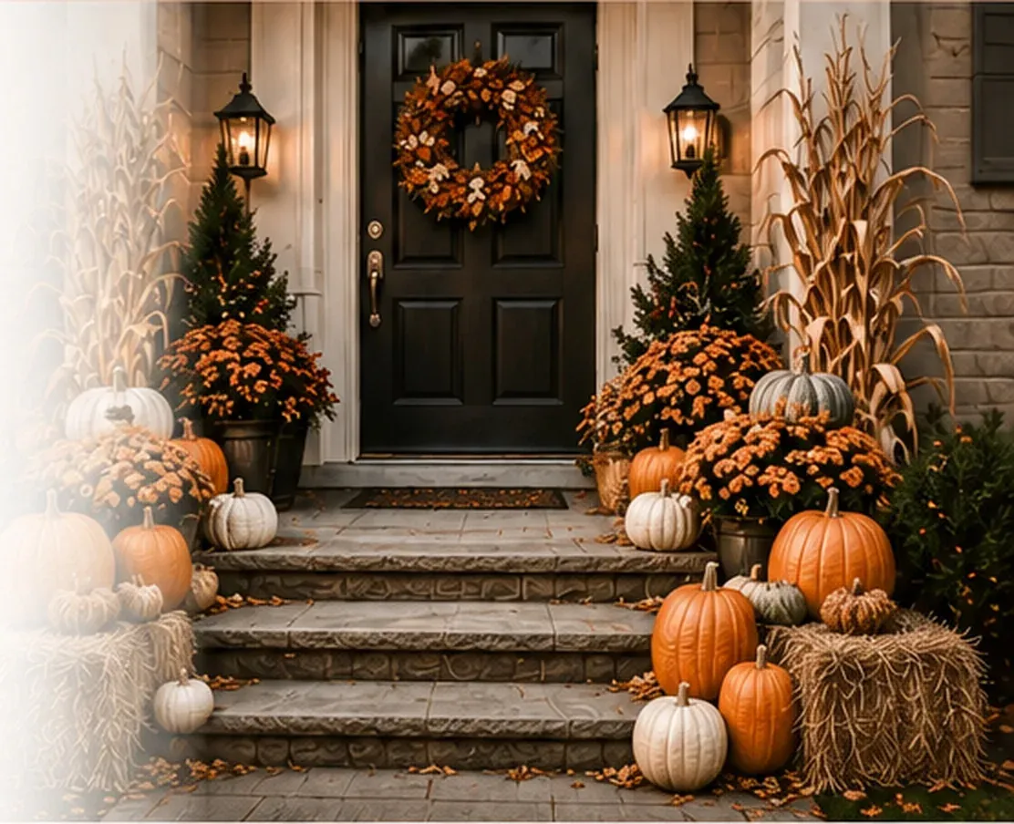 Seasonal entrance decor with pumpkins, wreath, hay, mums, and corn stalks